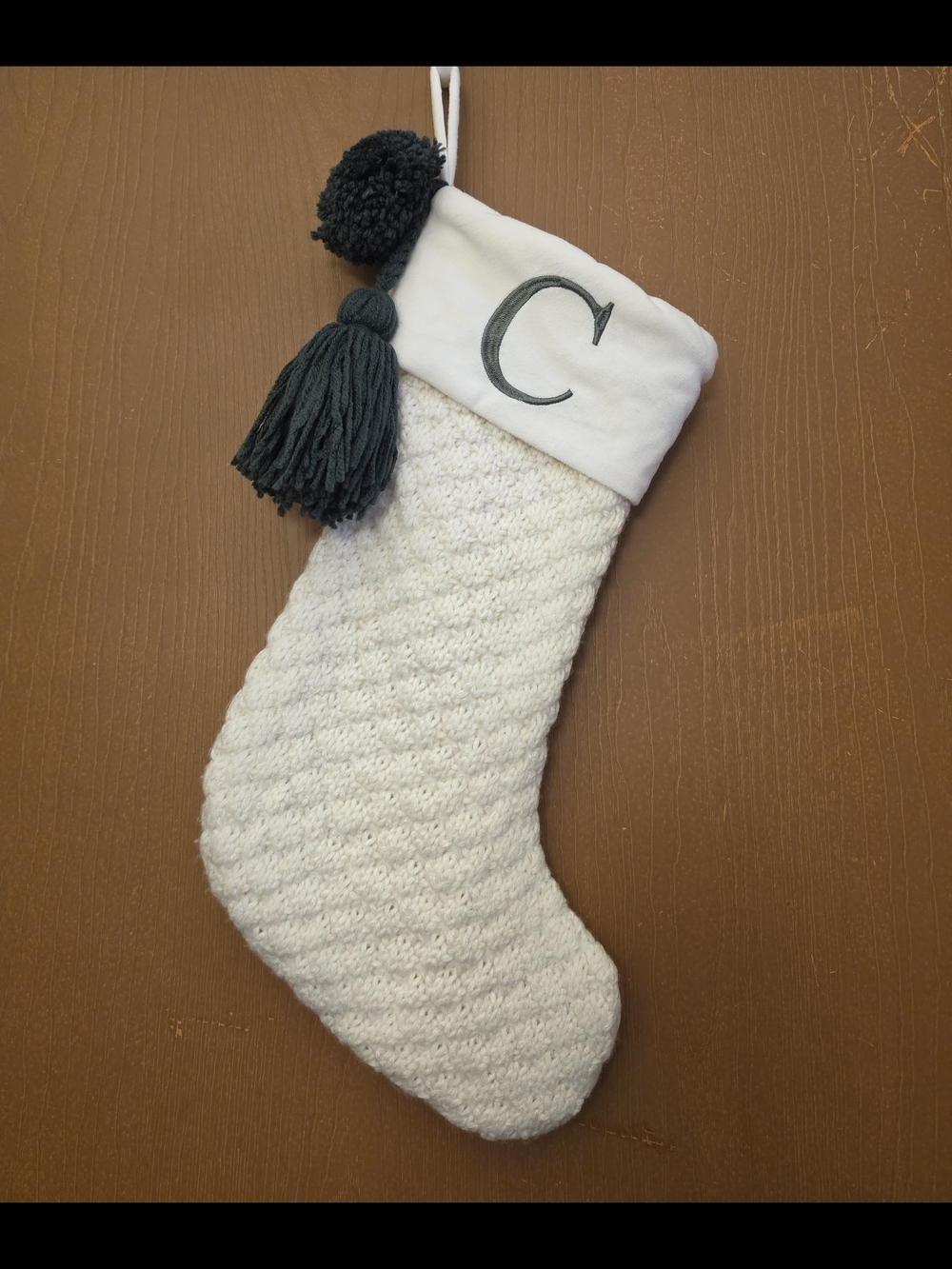 Embroidered Cream & Green Knit Holiday Stocking with Tassel - Monogram C